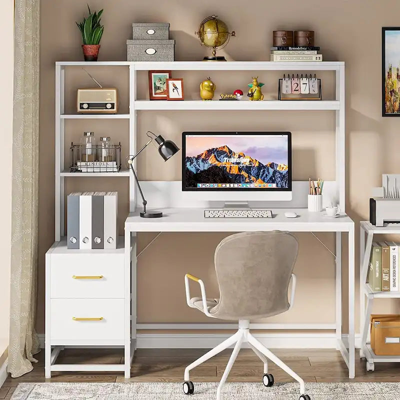 Rustic Computer Office Desk with Drawers and Hutch