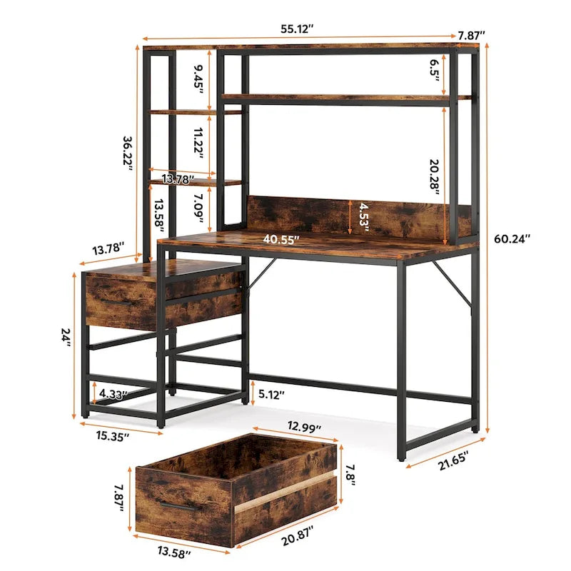 Rustic Computer Office Desk with Drawers and Hutch