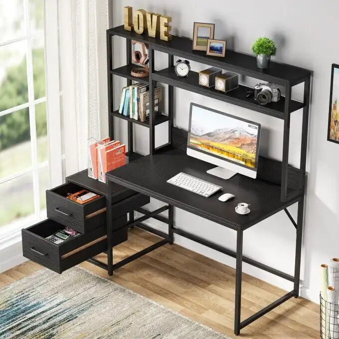Rustic Computer Office Desk with Drawers and Hutch