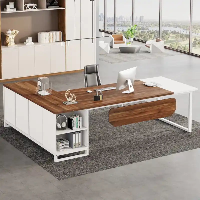70.8 Executive Desk with 55 File Cabinet, Modern L Shaped Computer Desk with Storage Shelves and Cabinet
