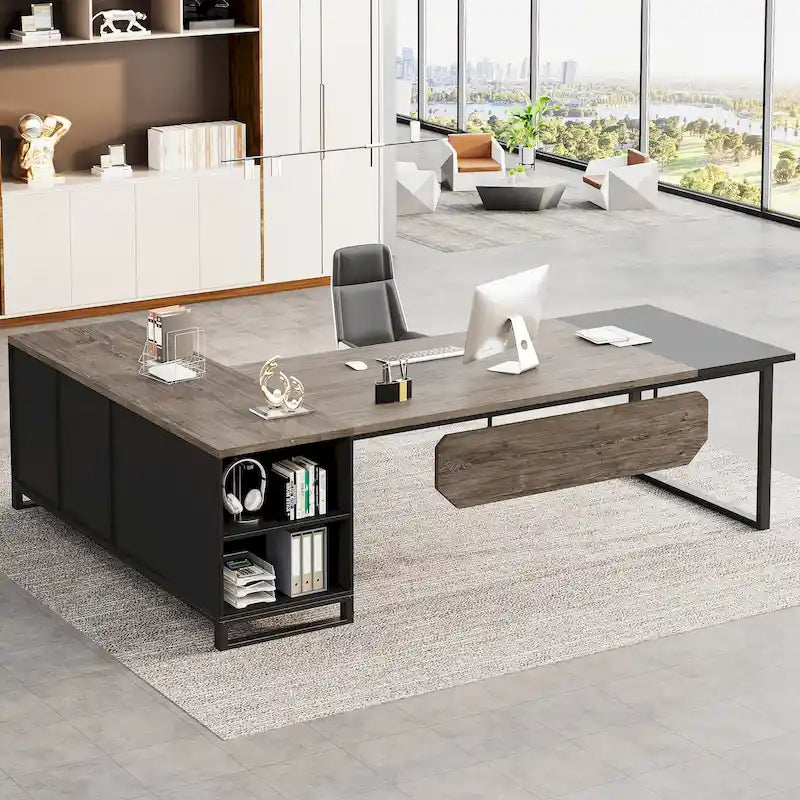 70.8 Executive Desk with 55 File Cabinet, Modern L Shaped Computer Desk with Storage Shelves and Cabinet