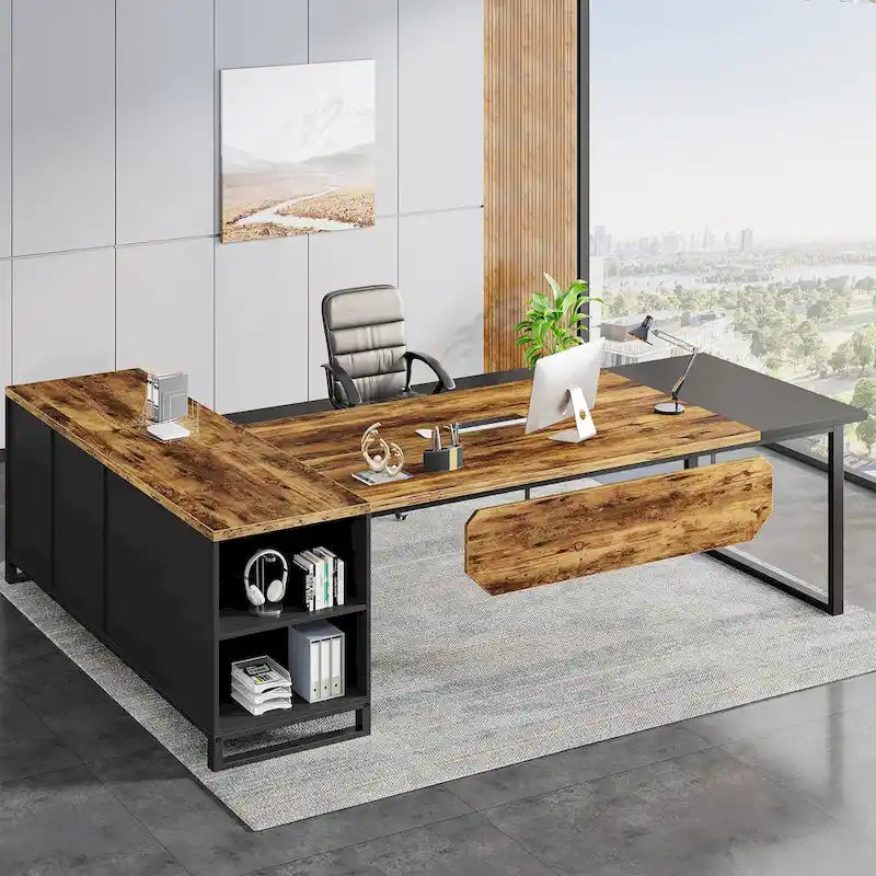 70.8 Executive Desk with 55 File Cabinet, Modern L Shaped Computer Desk with Storage Shelves and Cabinet