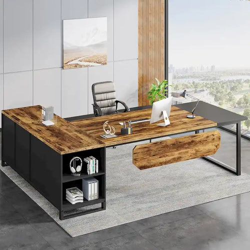 70.8 Executive Desk with 55 File Cabinet, Modern L Shaped Computer Desk with Storage Shelves and Cabinet
