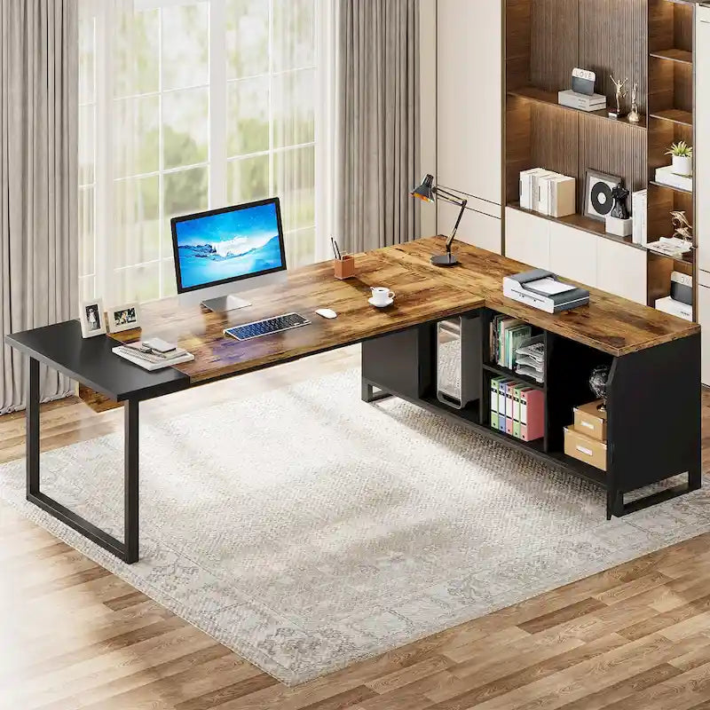 70.8 Executive Desk with 55 File Cabinet, Modern L Shaped Computer Desk with Storage Shelves and Cabinet