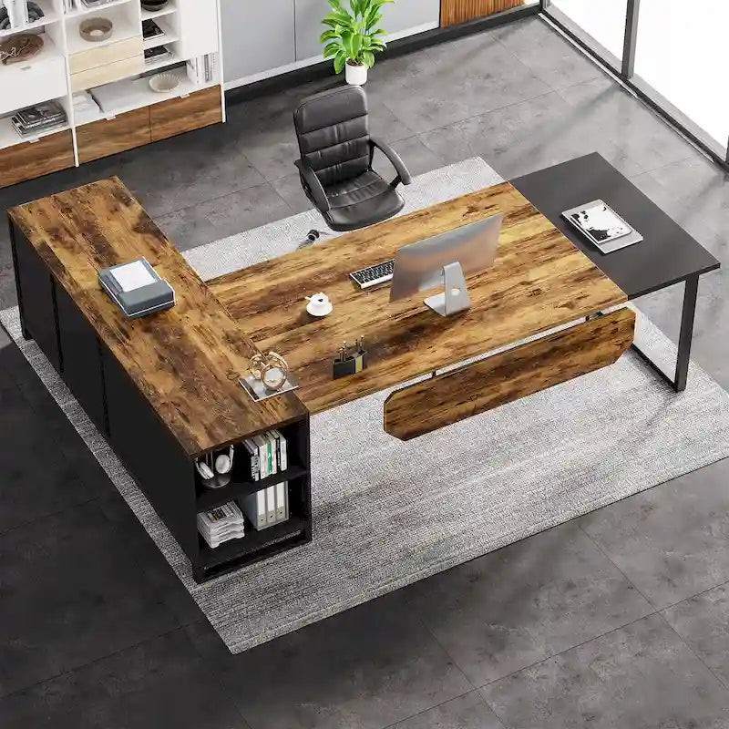 70.8 Executive Desk with 55 File Cabinet, Modern L Shaped Computer Desk with Storage Shelves and Cabinet