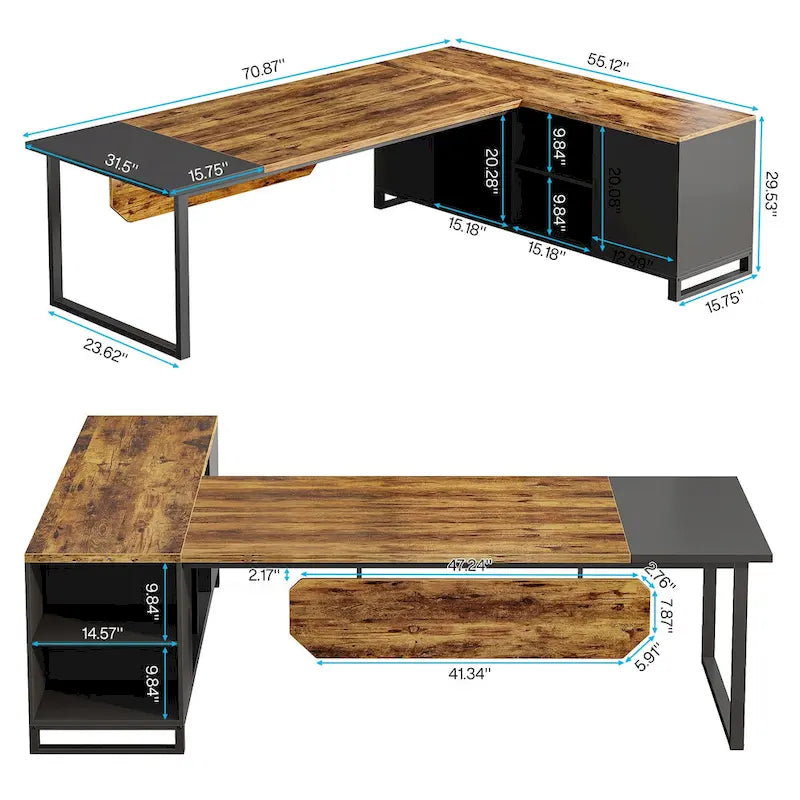 70.8 Executive Desk with 55 File Cabinet, Modern L Shaped Computer Desk with Storage Shelves and Cabinet