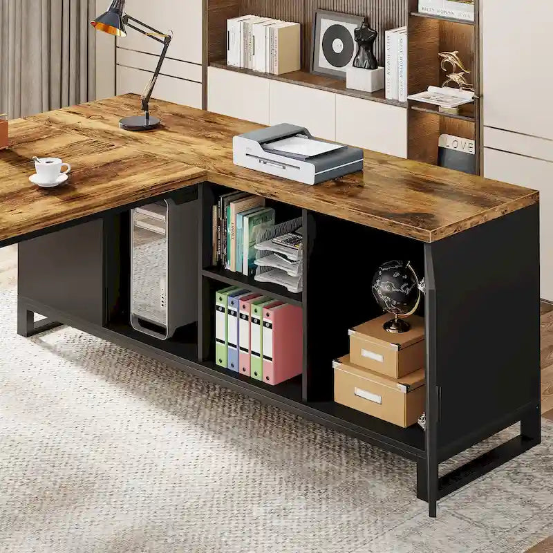 70.8 Executive Desk with 55 File Cabinet, Modern L Shaped Computer Desk with Storage Shelves and Cabinet