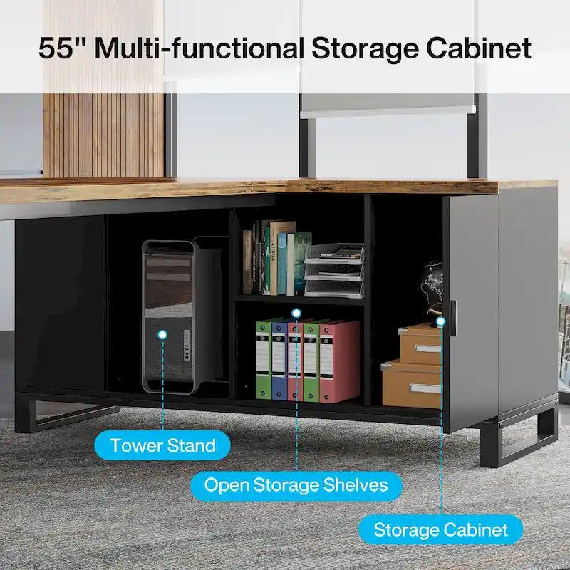 70.8 Executive Desk with 55 File Cabinet, Modern L Shaped Computer Desk with Storage Shelves and Cabinet