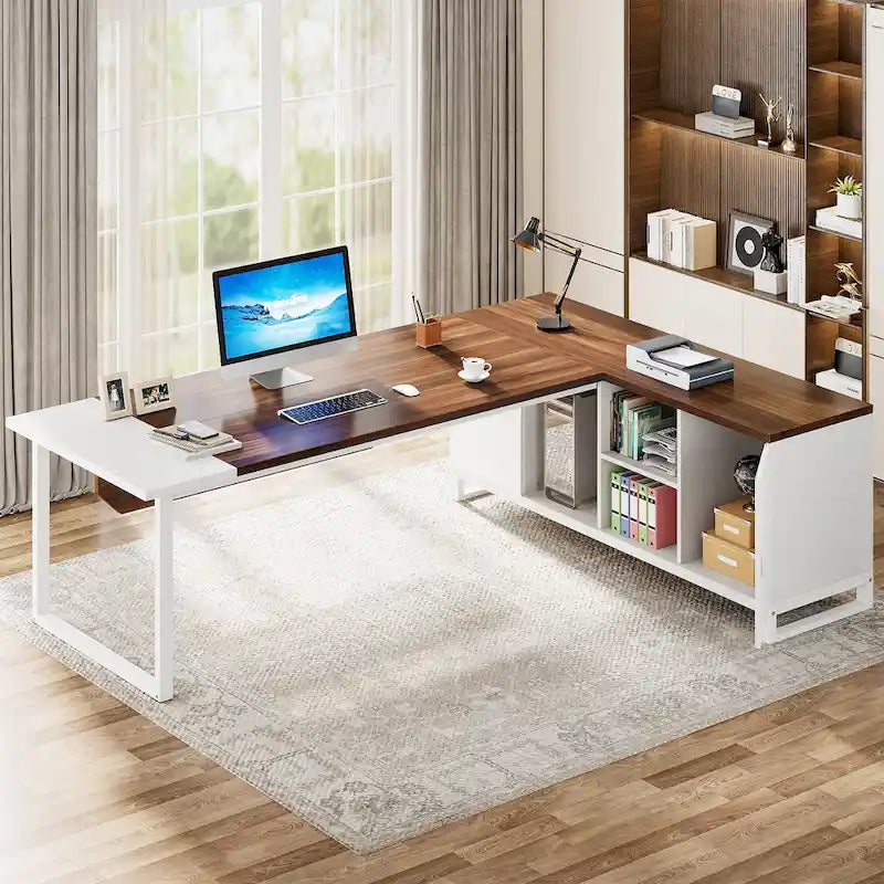 70.8 Executive Desk with 55 File Cabinet, Modern L Shaped Computer Desk with Storage Shelves and Cabinet