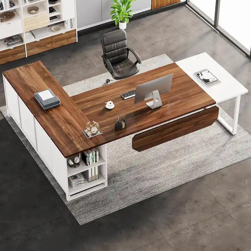 70.8 Executive Desk with 55 File Cabinet, Modern L Shaped Computer Desk with Storage Shelves and Cabinet