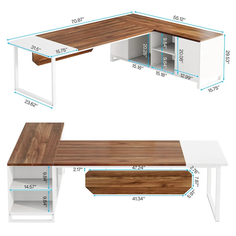 70.8 Executive Desk with 55 File Cabinet, Modern L Shaped Computer Desk with Storage Shelves and Cabinet