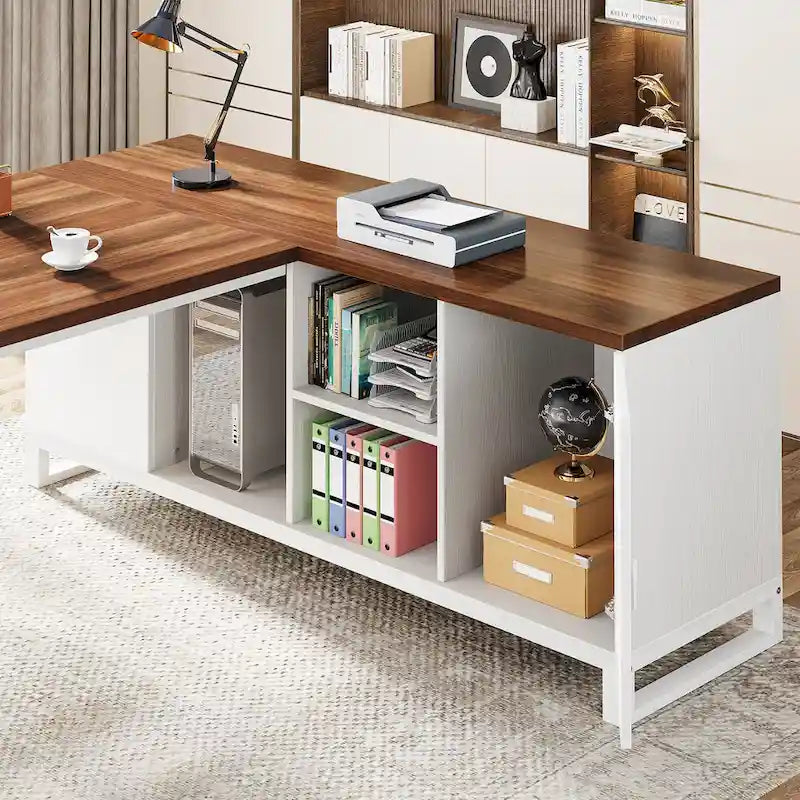 70.8 Executive Desk with 55 File Cabinet, Modern L Shaped Computer Desk with Storage Shelves and Cabinet