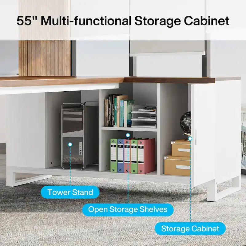 70.8 Executive Desk with 55 File Cabinet, Modern L Shaped Computer Desk with Storage Shelves and Cabinet