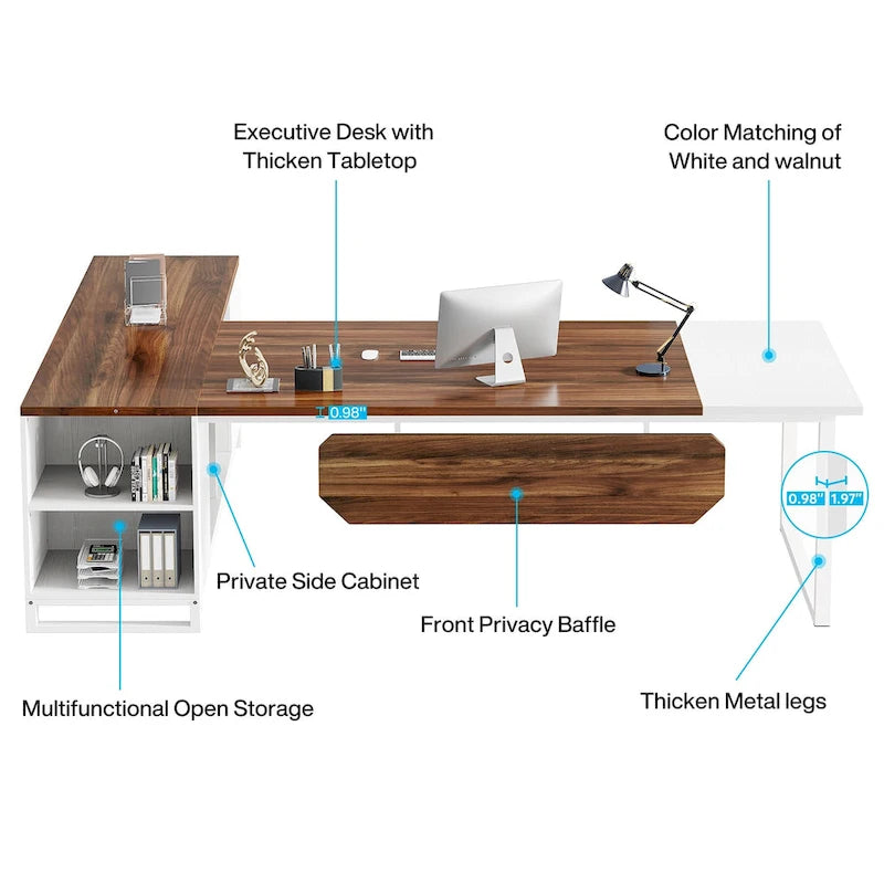 70.8 Executive Desk with 55 File Cabinet, Modern L Shaped Computer Desk with Storage Shelves and Cabinet