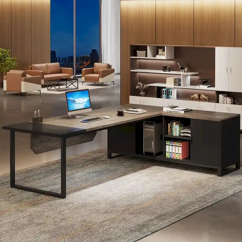 70.8 Executive Desk with 55 File Cabinet, Modern L Shaped Computer Desk with Storage Shelves and Cabinet
