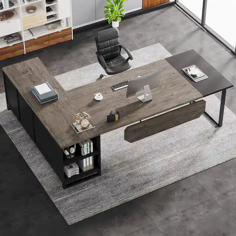 70.8 Executive Desk with 55 File Cabinet, Modern L Shaped Computer Desk with Storage Shelves and Cabinet
