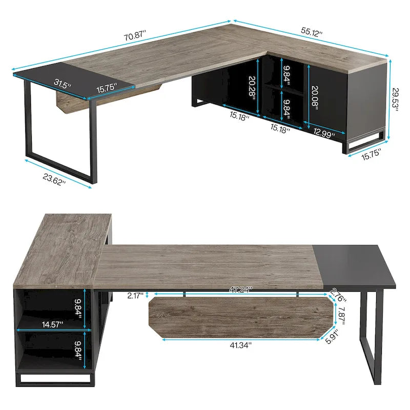 70.8 Executive Desk with 55 File Cabinet, Modern L Shaped Computer Desk with Storage Shelves and Cabinet