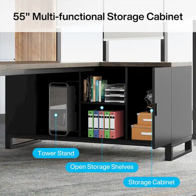 70.8 Executive Desk with 55 File Cabinet, Modern L Shaped Computer Desk with Storage Shelves and Cabinet