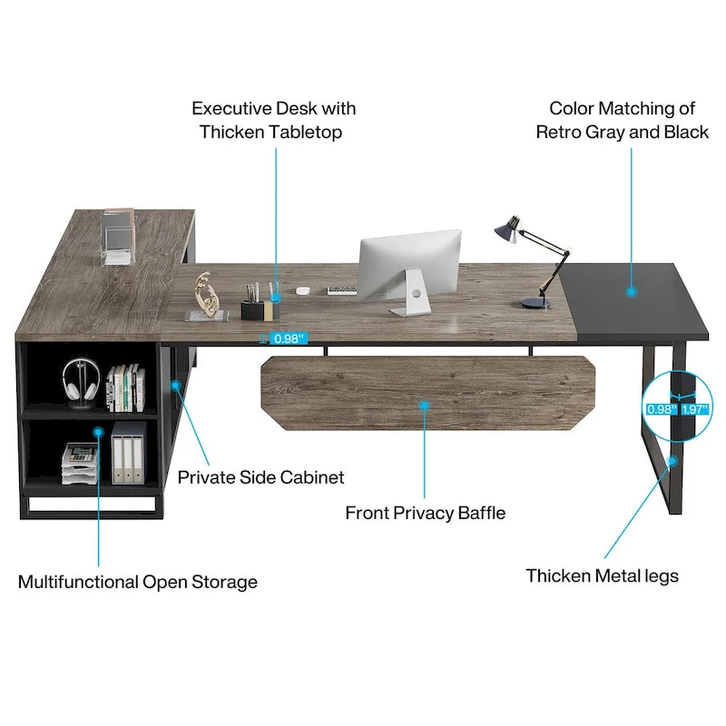 70.8 Executive Desk with 55 File Cabinet, Modern L Shaped Computer Desk with Storage Shelves and Cabinet