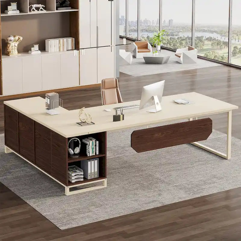 70.8 Executive Desk with 55 File Cabinet, Modern L Shaped Computer Desk with Storage Shelves and Cabinet