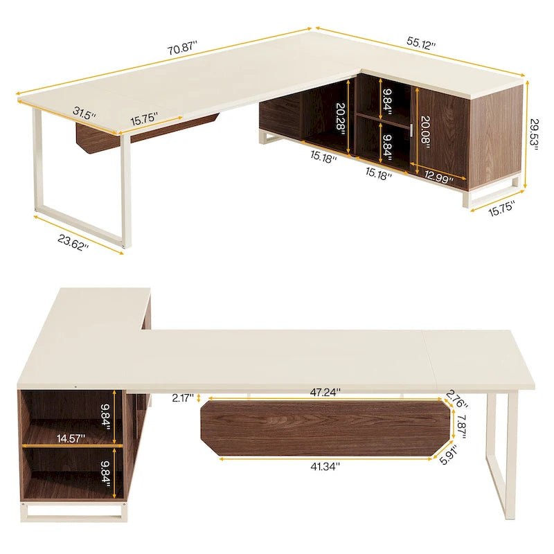 70.8 Executive Desk with 55 File Cabinet, Modern L Shaped Computer Desk with Storage Shelves and Cabinet