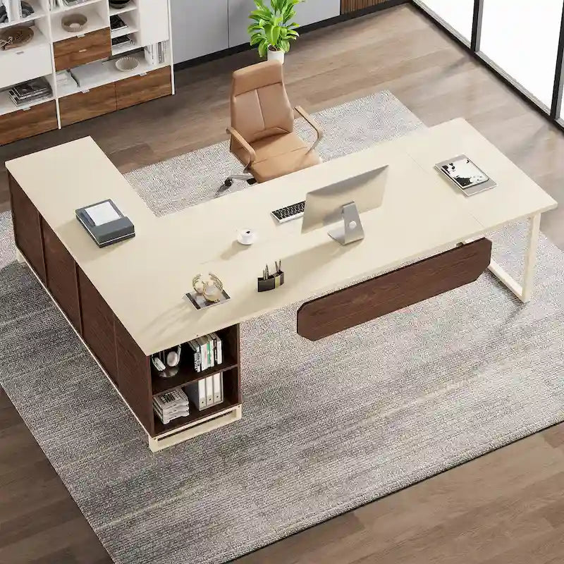 70.8 Executive Desk with 55 File Cabinet, Modern L Shaped Computer Desk with Storage Shelves and Cabinet