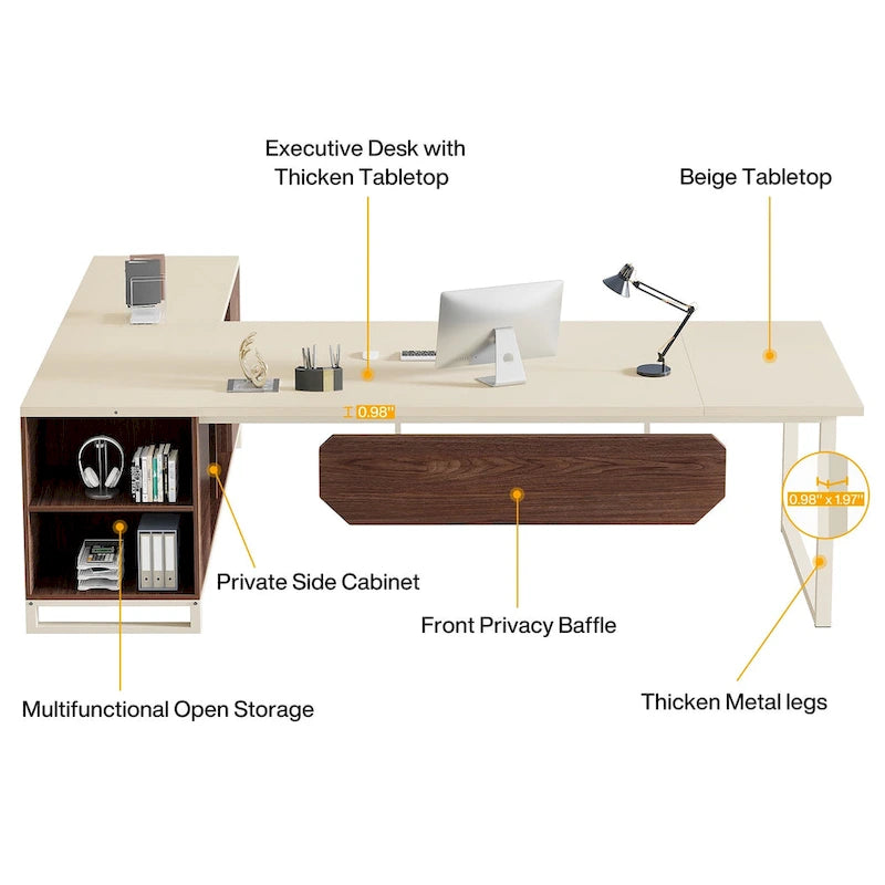70.8 Executive Desk with 55 File Cabinet, Modern L Shaped Computer Desk with Storage Shelves and Cabinet
