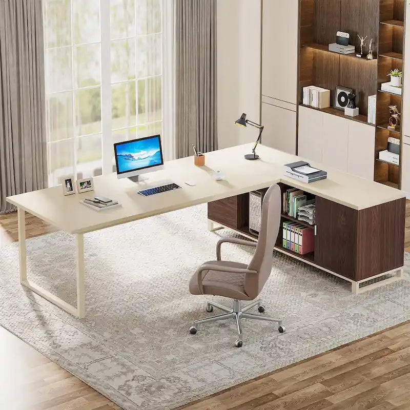 70.8 Executive Desk with 55 File Cabinet, Modern L Shaped Computer Desk with Storage Shelves and Cabinet