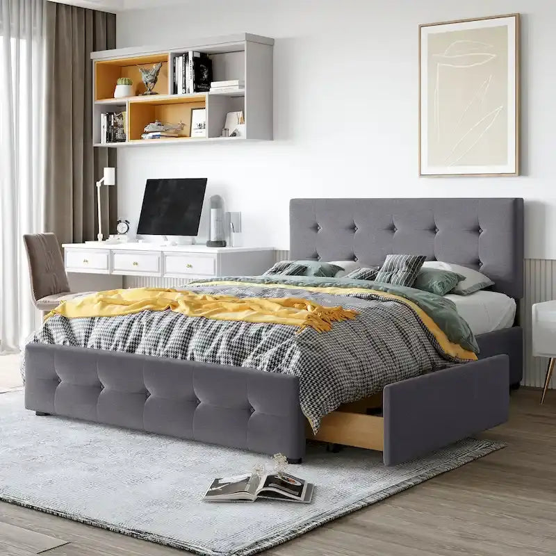 Queen Upholstered Platform Bed with Classic Headboard and 4 Drawers, No Box Spring Needed, Linen Fabric