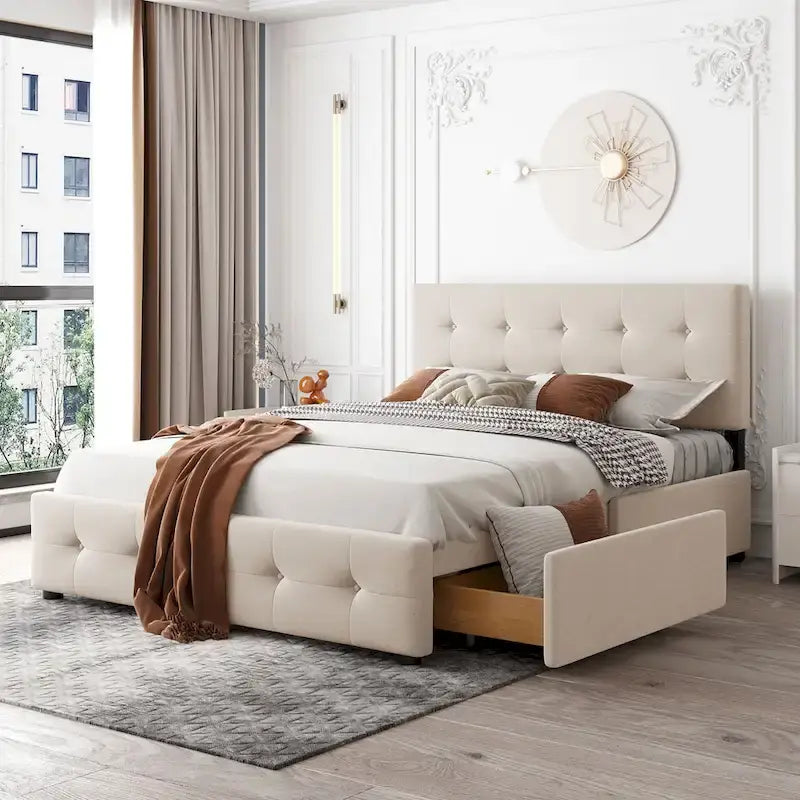 Queen Upholstered Platform Bed with Classic Headboard and 4 Drawers, No Box Spring Needed, Linen Fabric