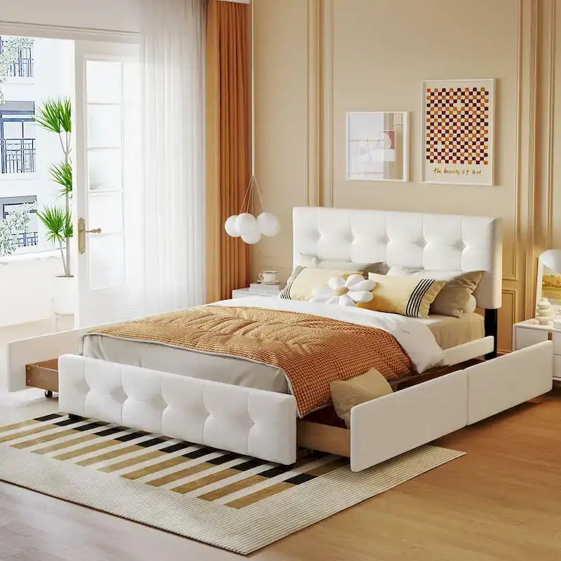 Queen Upholstered Platform Bed with Classic Headboard and 4 Drawers, No Box Spring Needed, Linen Fabric