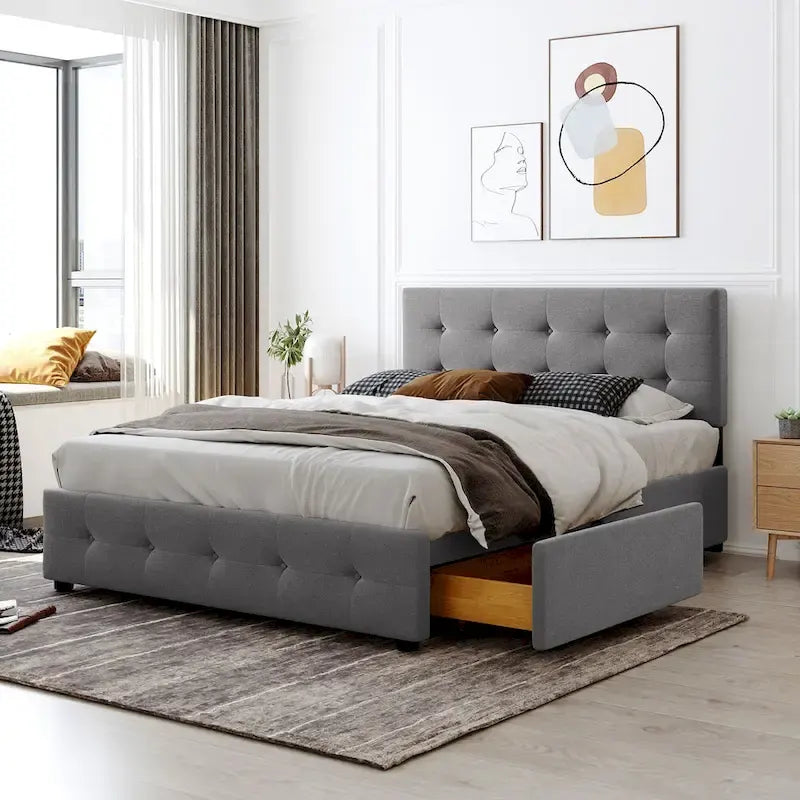 Queen Upholstered Platform Bed with Classic Headboard and 4 Drawers, No Box Spring Needed, Linen Fabric