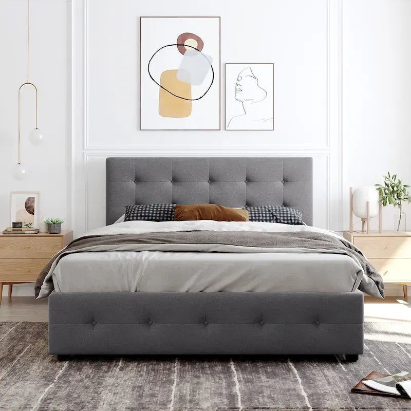 Queen Upholstered Platform Bed with Classic Headboard and 4 Drawers, No Box Spring Needed, Linen Fabric