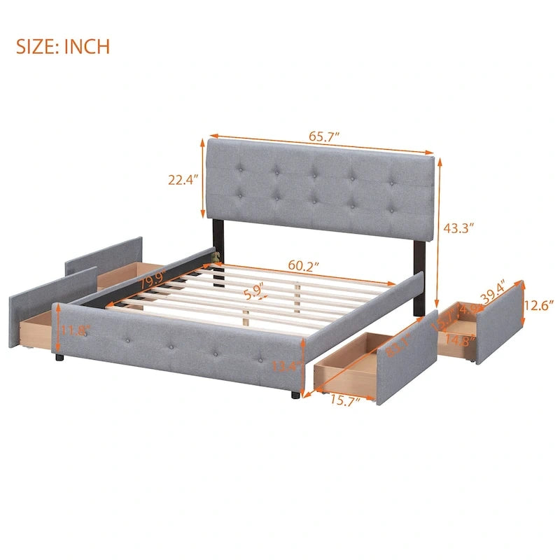 Queen Upholstered Platform Bed with Classic Headboard and 4 Drawers, No Box Spring Needed, Linen Fabric