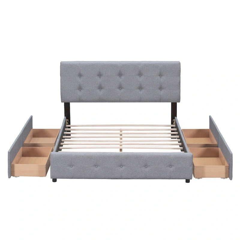 Queen Upholstered Platform Bed with Classic Headboard and 4 Drawers, No Box Spring Needed, Linen Fabric