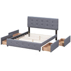 Queen Upholstered Platform Bed with Classic Headboard and 4 Drawers, No Box Spring Needed, Linen Fabric