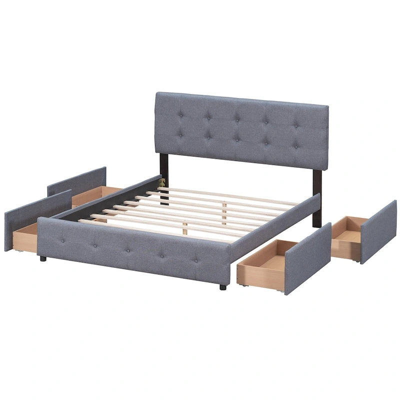 Queen Upholstered Platform Bed with Classic Headboard and 4 Drawers, No Box Spring Needed, Linen Fabric