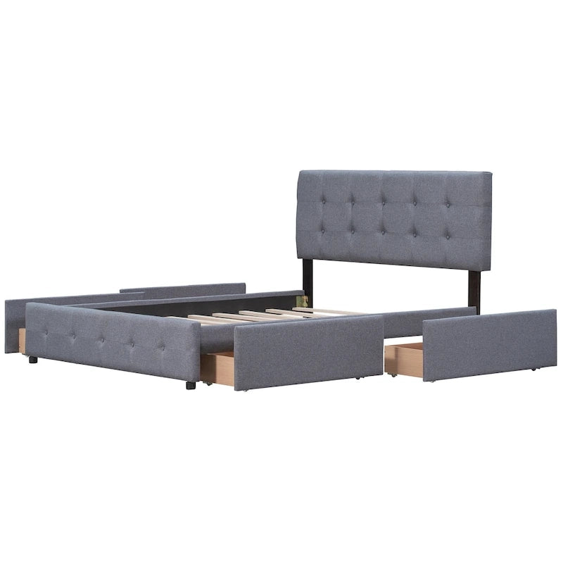 Queen Upholstered Platform Bed with Classic Headboard and 4 Drawers, No Box Spring Needed, Linen Fabric
