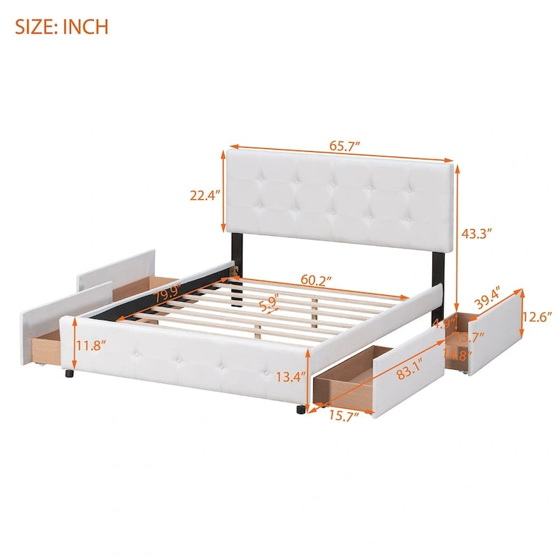 Queen Upholstered Platform Bed with Classic Headboard and 4 Drawers, No Box Spring Needed, Linen Fabric