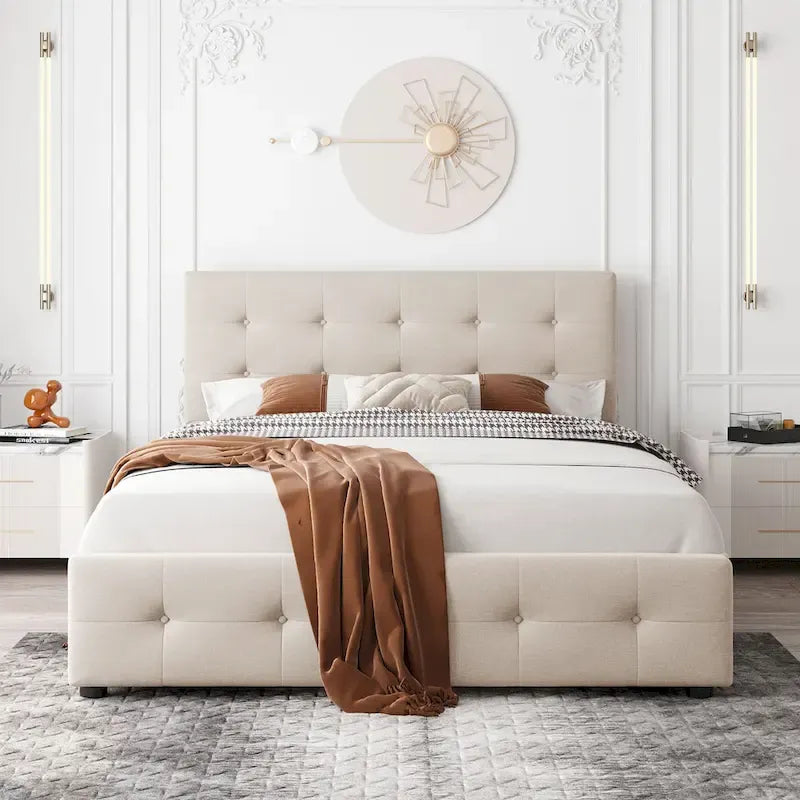 Queen Upholstered Platform Bed with Classic Headboard and 4 Drawers, No Box Spring Needed, Linen Fabric