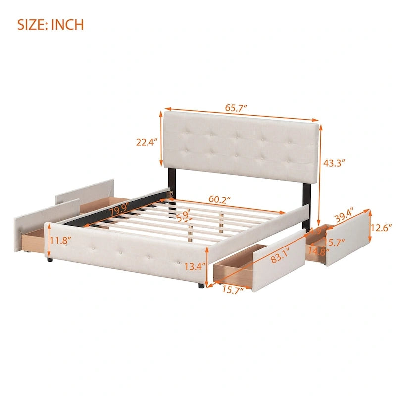 Queen Upholstered Platform Bed with Classic Headboard and 4 Drawers, No Box Spring Needed, Linen Fabric