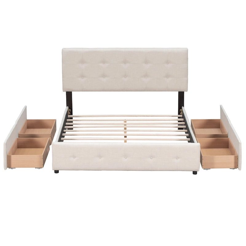 Queen Upholstered Platform Bed with Classic Headboard and 4 Drawers, No Box Spring Needed, Linen Fabric