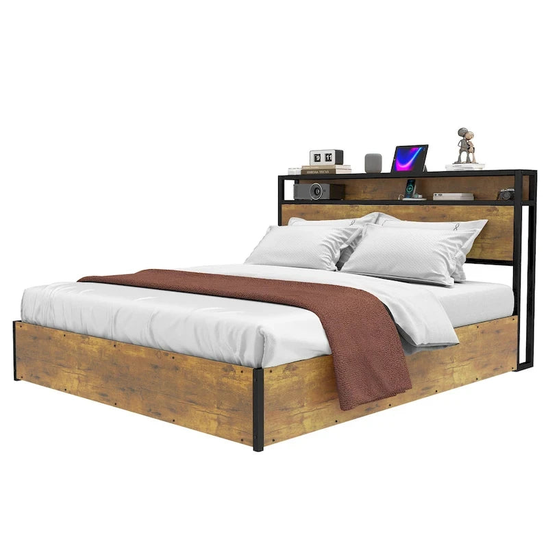 Lift Up Storage Bed LED Platform Bed with Hydraulic Storage System USB Charger