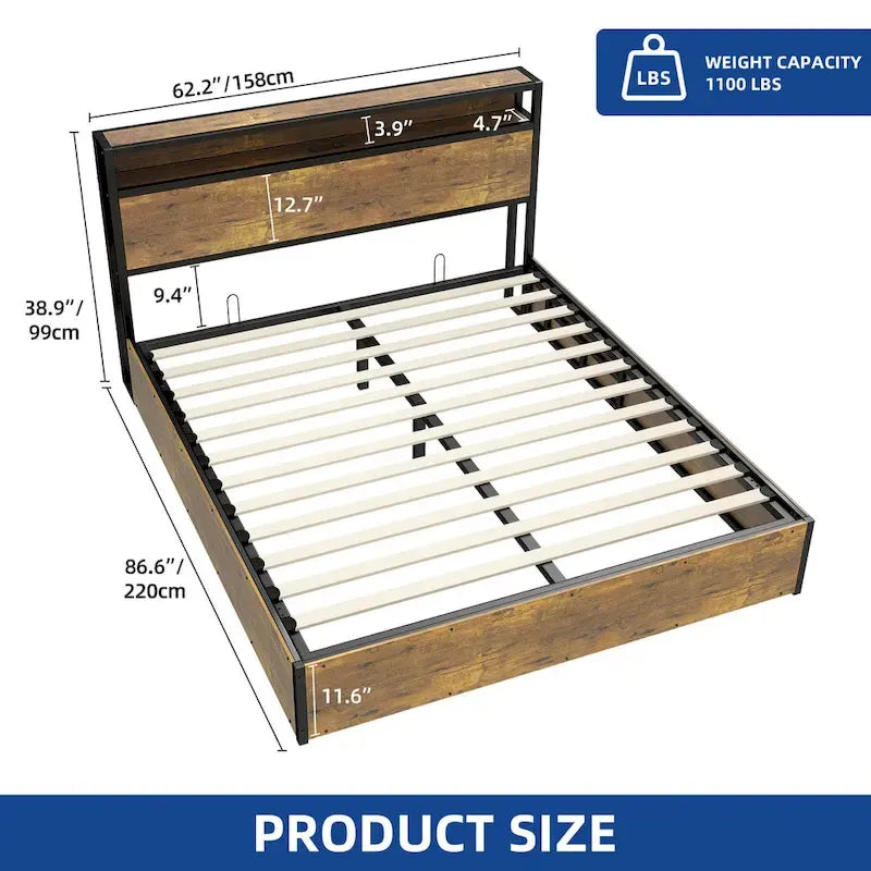Lift Up Storage Bed LED Platform Bed with Hydraulic Storage System USB Charger