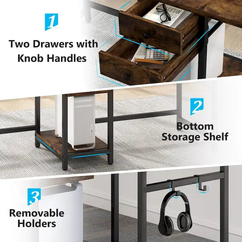Extra Long Two Person Desk,Industrial Workstation for Home Office78 Double Computer Desk with Drawers and Storage Shelves