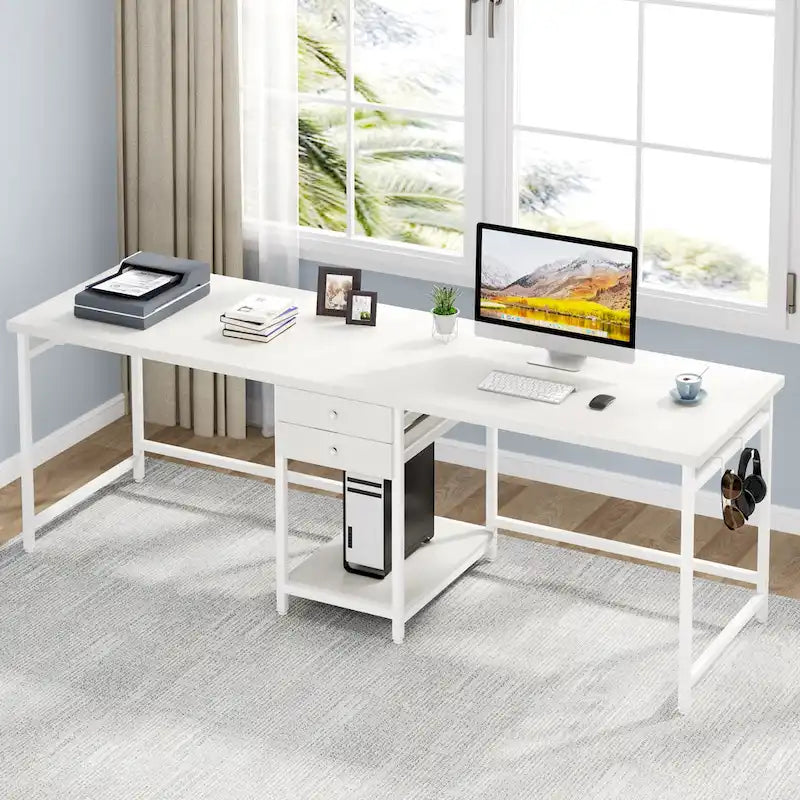 Extra Long Two Person Desk,Industrial Workstation for Home Office78 Double Computer Desk with Drawers and Storage Shelves