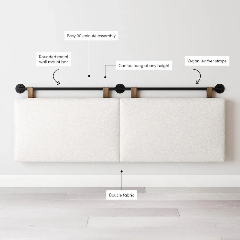 Charlie Wall Mount Boucle Upholstered Padded Headboard, Adjustable Height with Metal Rail