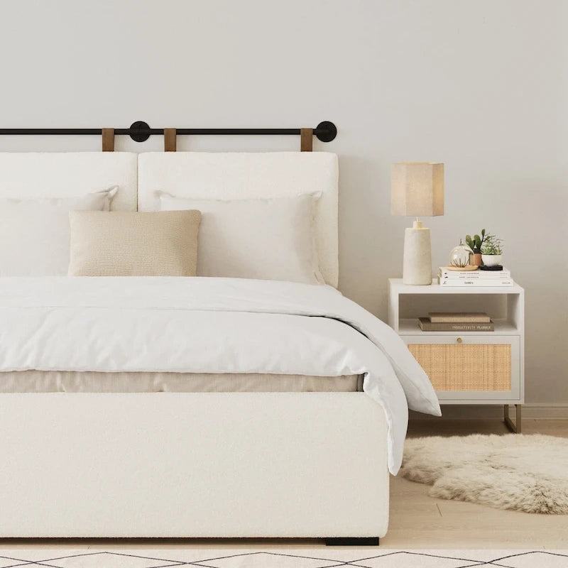 Charlie Wall Mount Boucle Upholstered Padded Headboard, Adjustable Height with Metal Rail