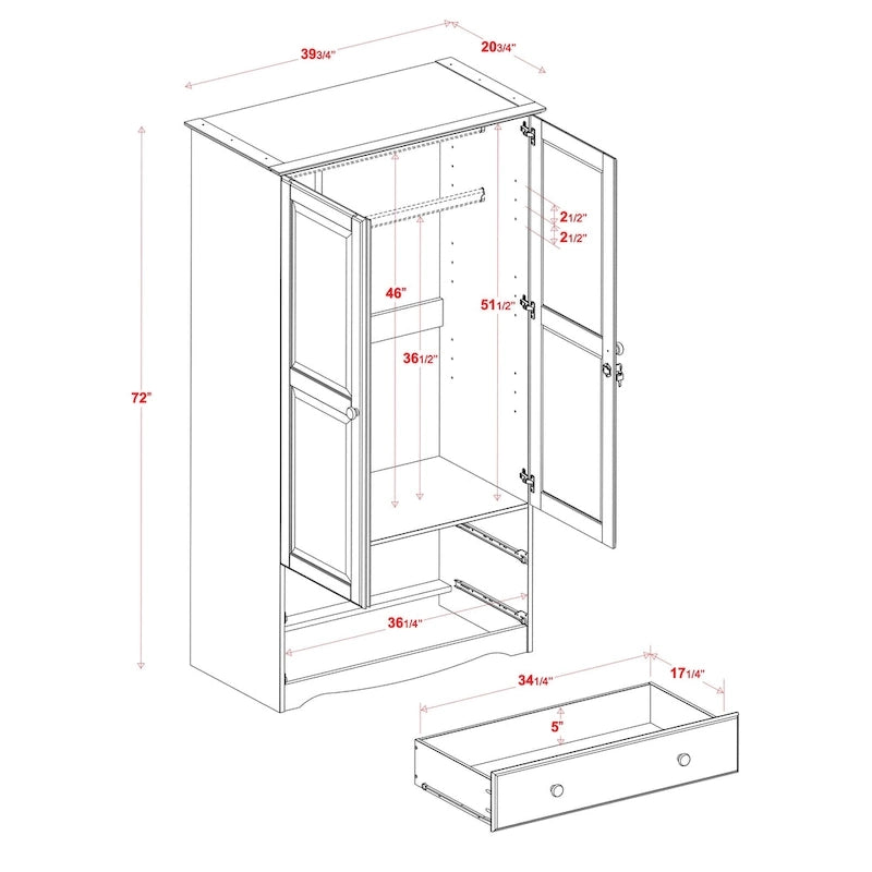 Palace Imports 100% Solid Wood Smart Wardrobe Armoire with 2 Drawers, Metal or Wooden Knobs