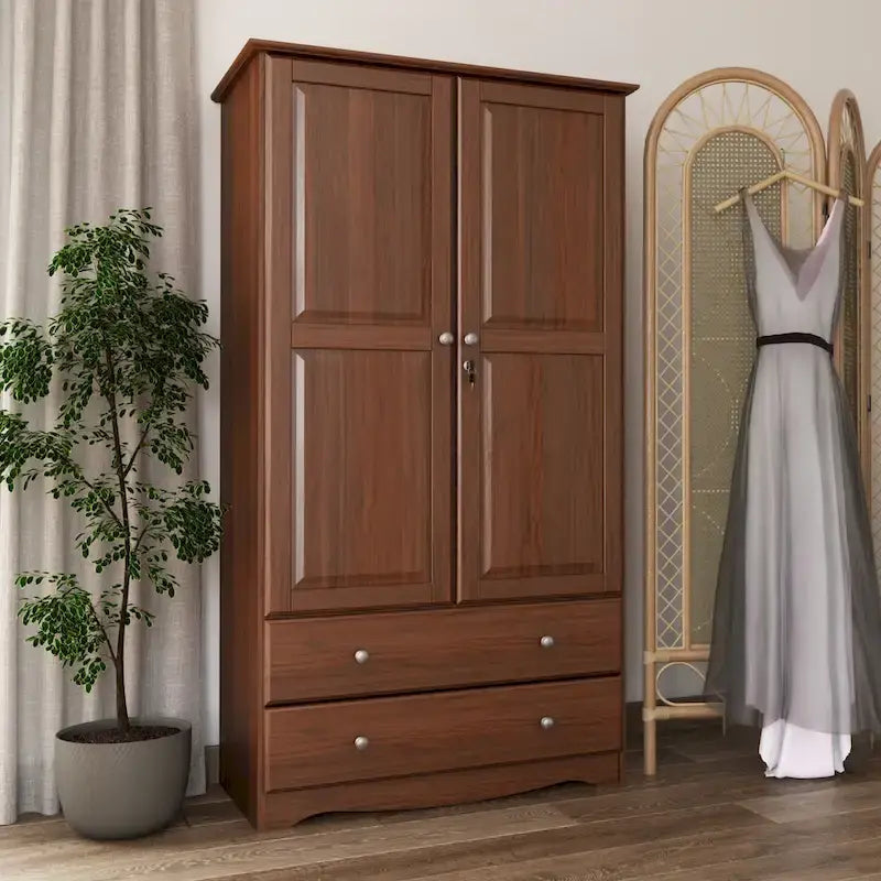 Palace Imports 100% Solid Wood Smart Wardrobe Armoire with 2 Drawers, Metal or Wooden Knobs